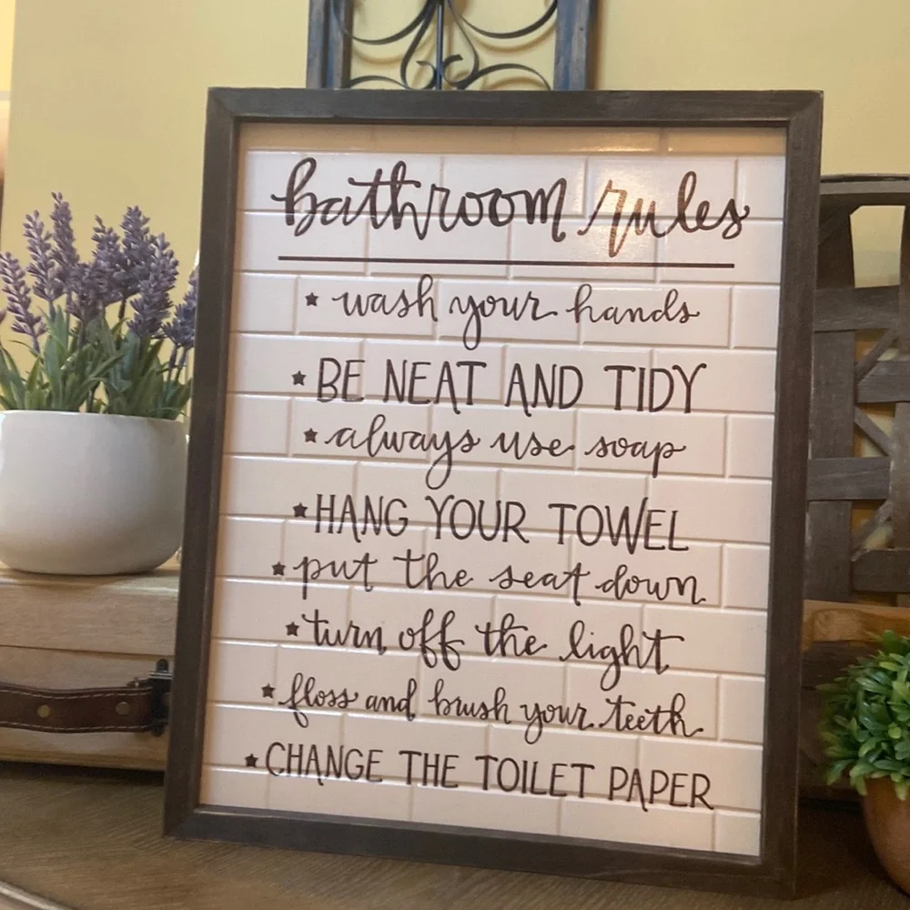 NEW! Modern Farmhouse Bathroom Rules Tile Inspired Wood Sign